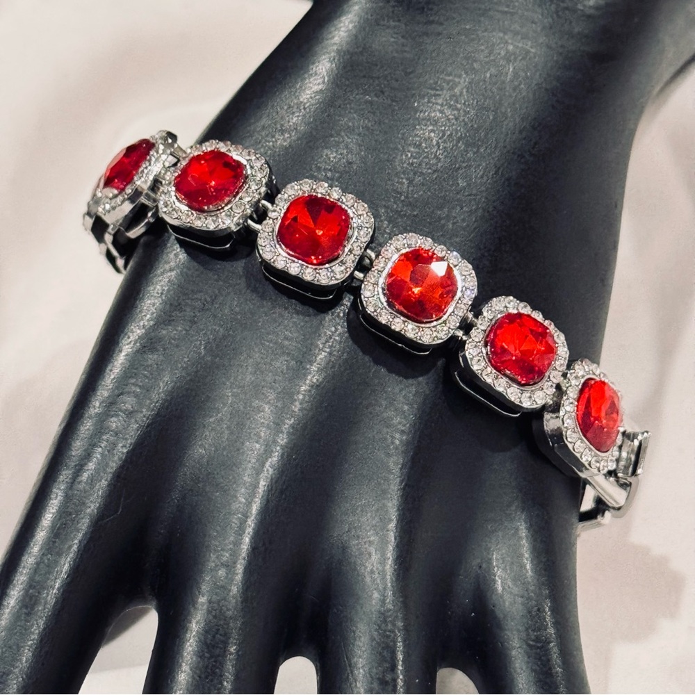 AJ USA Boutique Red & Clear VVS CZ Halo Tennis Rhodium Stainless Steel 8in NWT
